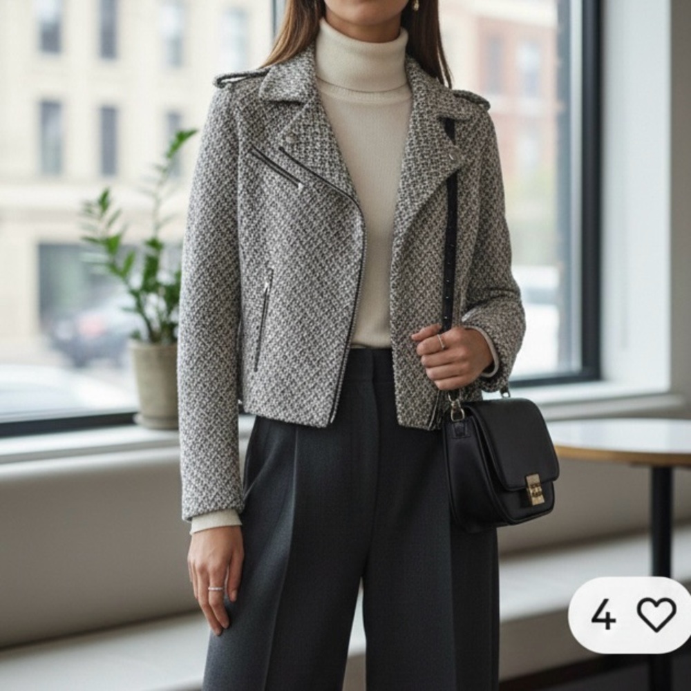 Tweed Moto Jacket Women's  M Tall Wool‎ Herringbone Gap Quiet Luxury Black White